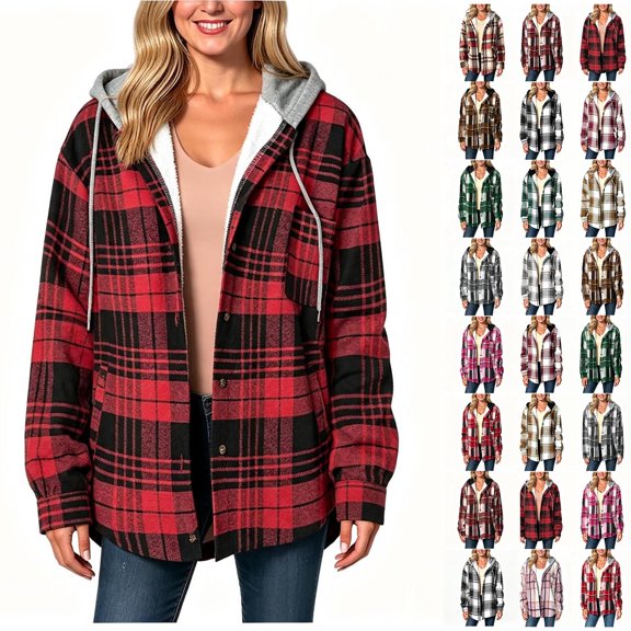 Coorders Women's Heavyweight Fleece Shacket Jackets with Hooded, Women's Flannel Hooded Plaid 2025 Shacket Thick Coat ,Women's Plus Dark Red,Size L