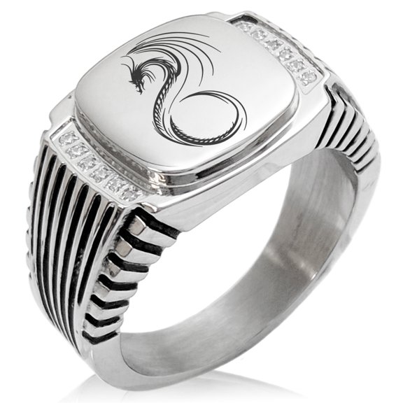 Stainless Steel Serpentine Dragon CZ Ribbed Needle Stripe Pattern Biker Style Polished Ring