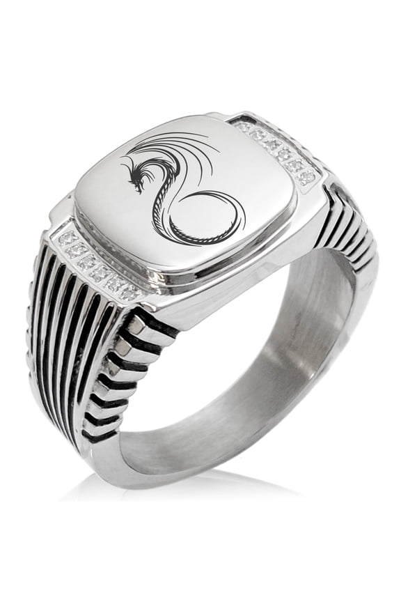 Stainless Steel Serpentine Dragon CZ Ribbed Needle Stripe Pattern Biker Style Polished Ring