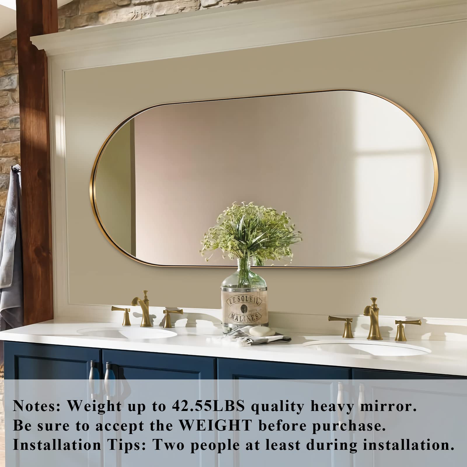 Gold Oval Full Length Mirror - 44x8 Inch Narrow Capsule Shape, Metal Frame For Hallway, Entryway, Living Room