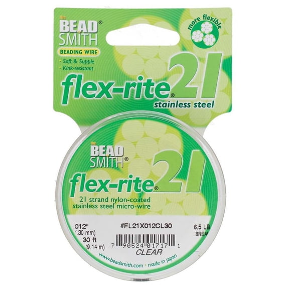 The Beadsmith Flex-Rite Beading Wire - 21-Strand Nylon-Coated Stainless-Steel Wire, 0.012" (0.30 mm) Dia, Clear, 30 ft Spool, Durable Necklace & Bracelet String, for Jewelry Making Supplies
