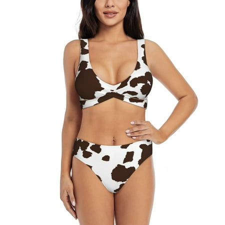 Kdxio Brown Cow Print Women s 2 Piece High Waisted Wrap Spaghetti Strap Summer Swimsuit Bikini Set-Small