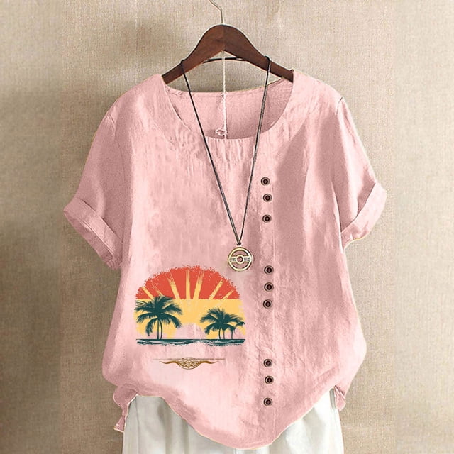Lydiaunistar Hauts de Printemps pour Femmes Grande Taille Blouse Décontractée à Manches Courtes Imprimée Boutonnée, T-Shirt Col Rond en Polyester pour Femmes, Haut de Mode Polyvalent Rose