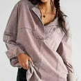 thumbnail image 7 of Women's Denim V-Neck Pullover Shirt, Oversized Drop Shoulder Long Sleeved Jean Shirts, Trendy Loose Fit Turndown Jacket, 7 of 7
