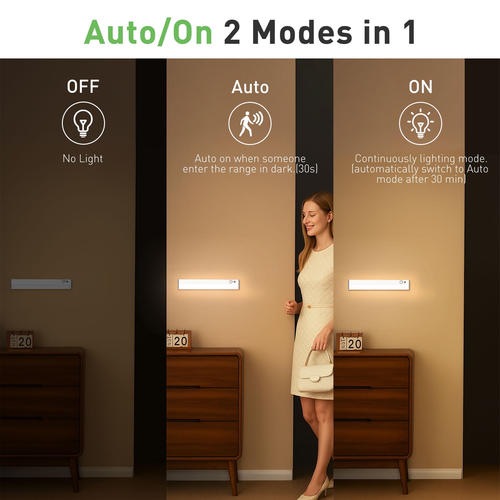 ALUSSO 30cm LED Cabinet Lighting with Motion Sensor, 3000/4000/6500K 3CCT&Dimmable, USB Rechargeable Night Light for Stairs, Bedroom, Kitchen, 2 Pack