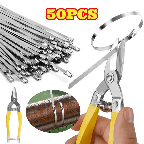 50pcs Heavy Duty Zip Ties, 11.8 inch Stainless Steel UV Resistant Cable Ties with Tie Cutter for Machinery, Chain Fence Parts, Outdoor Fence Repair