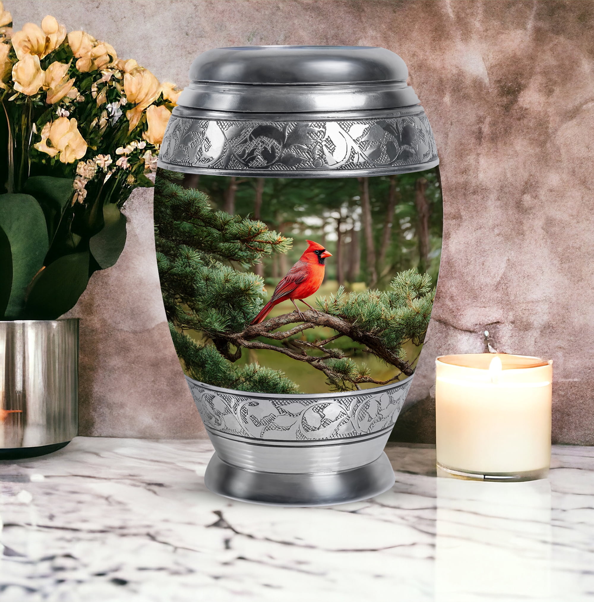 Cardinal Bird Cremation Urn For Mom And Dad, Tree Memorial Urn For Adult, Sunset Funeral Urns For Adult Male, Keepsake Urns For Ashes Set Of 4 And 1 Large (10&3) Inch Combo