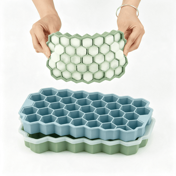 NORIZF 2 Pack Small Silicone Ice Cube Trays for Freezer with Lids, Honeycomb Ice Molds, Easy-Release Reusable Ice Maker Tray for Drinks, Coffee, Whiskey, Round &Amp; Pebble Ice Cubes, Blue Green