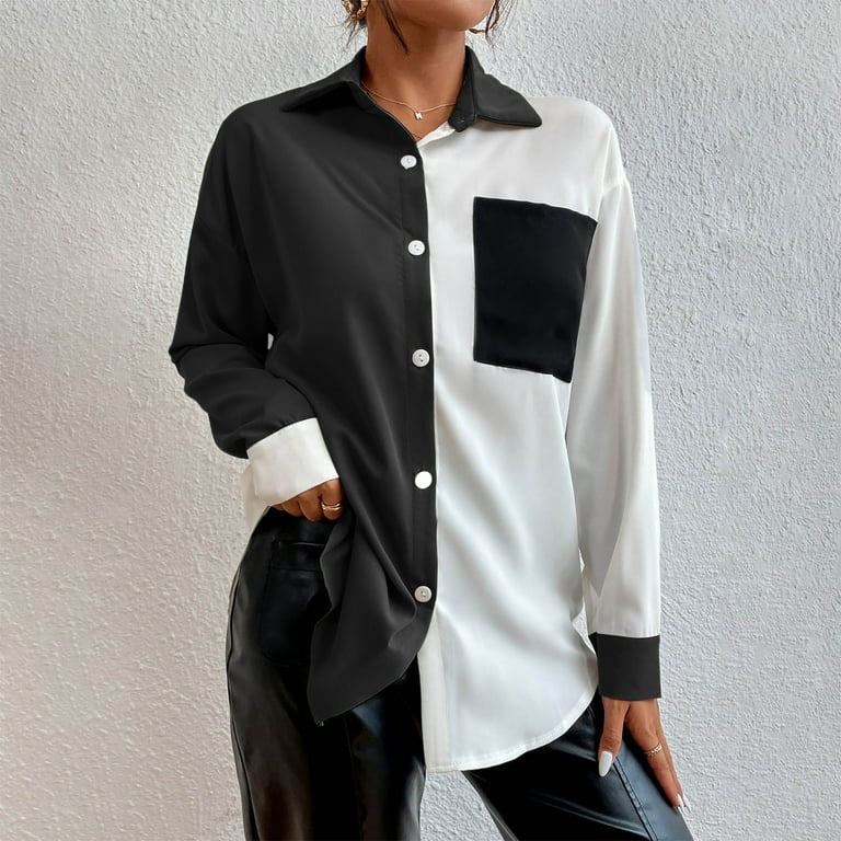 Sexy Color Block Contrast Turndown Collar Tops Sexy Color Block Contrast Turndown Collar Tops