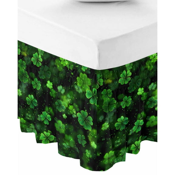 St. Patrick's Day Bed Skirt King Size 18 Inch Drop, Wrap Around Bed Skirts, Botanical Spring Green Clovers Leaves Elastic Bedskirt Pleated Bed Frame Cover Luxurious Dust Ruffle for King Bed