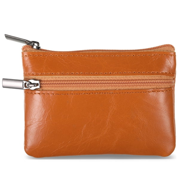 Guardurnaity Monedero portátil de piel de vaca con cremalleras suaves para tarjetas y monedas. Monedero con cremallera y tarjetero. Carteras Marrón claro