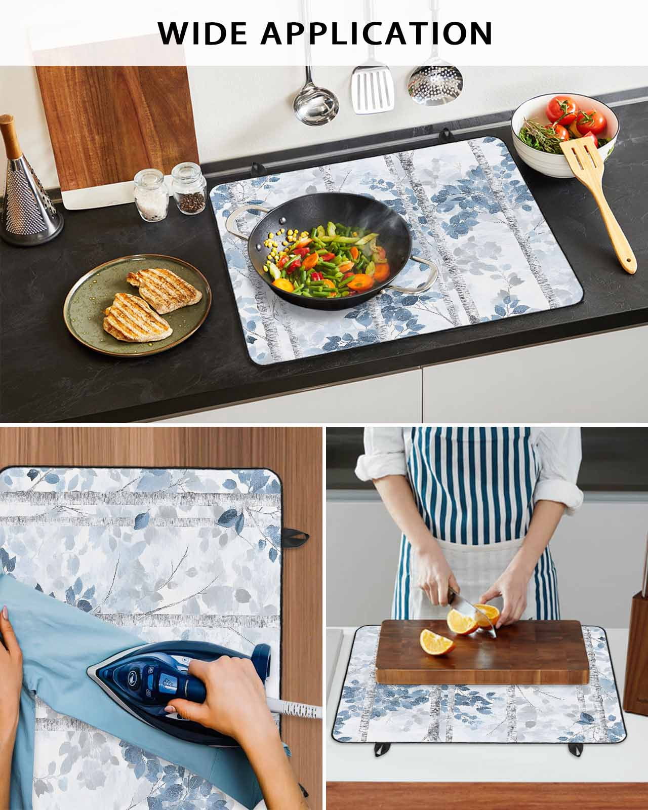 nqOlkjepod Large Induction Cooktop Protector Mat 24"x21", Blue Grey Leaves Stove Top Covers for Electric Stove, Watercolor Branches Vintage Forest Stove Burner Cover Mats, Glass Top Stove Cover
