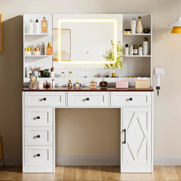 COMHOMA Makeup Vanity Desk with Mirror and Lights, 6 and 1 StorDrawers age Cabinet, 3 Color Adjustable Mirror, Wood