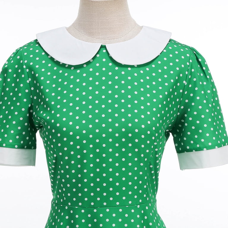 YOIAVAIOY XL Women's 1950s Retro Dress Short Sleeve Polka Dot Swing Midi Dress with Belt Cocktail Rockabilly Dresses Hepburn-Style Green