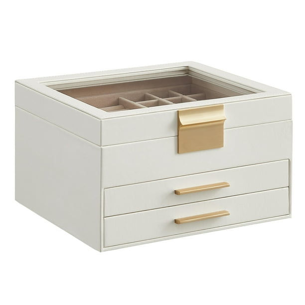 SONGMICS Joyero con Tapa de Vidrio, Organizador de Joyas de 3 Capas, 2 Cajones, para Joyas Grandes y Pequeñas, Estilo Moderno, 8 x 9.1 x 5.3 Pulgadas, Regalo de San Valentín, Color Blanco Nube y Dorad