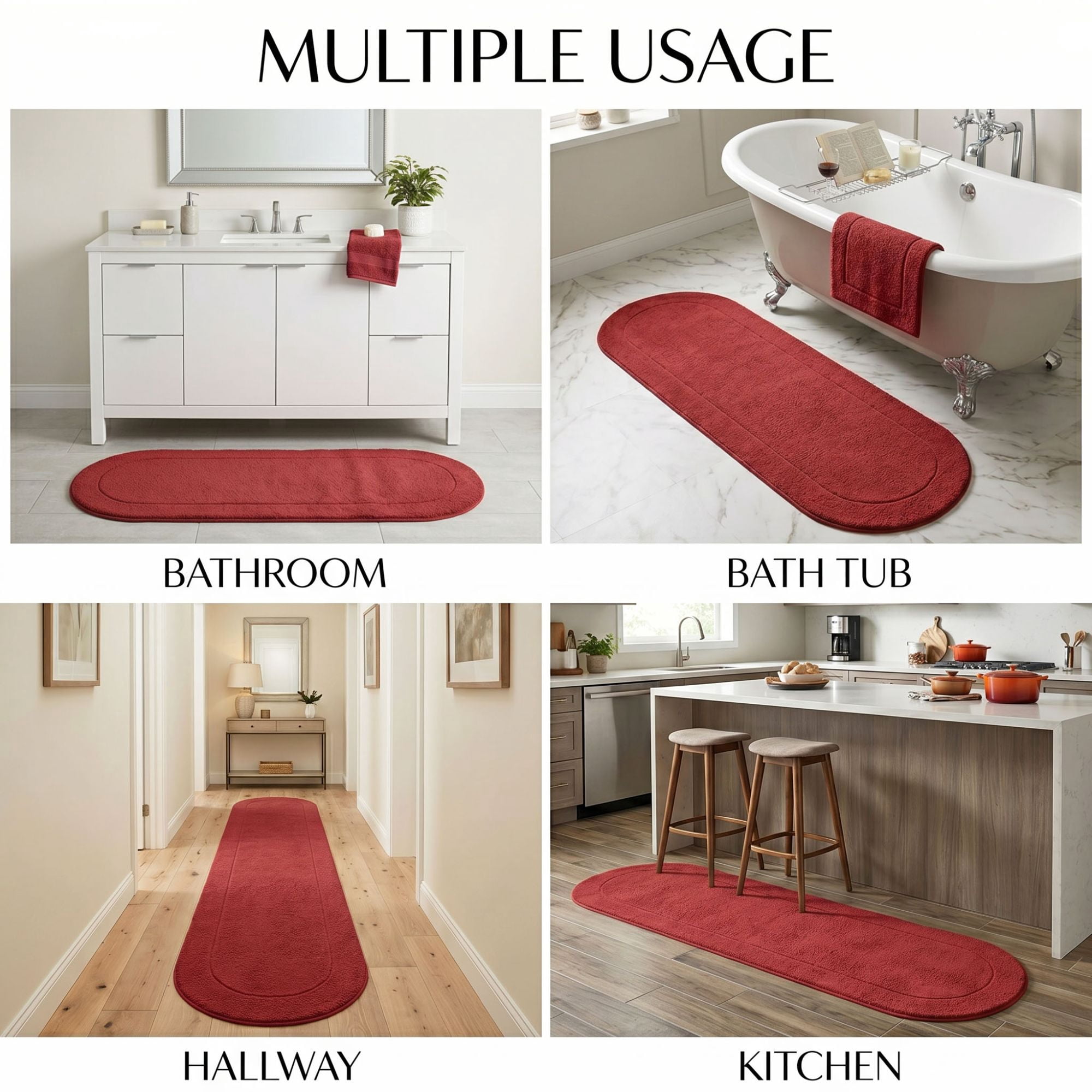 Superior Oval Bordered Cotton Washable Non-Slip Bath Rug, Runner Size, Burgundy