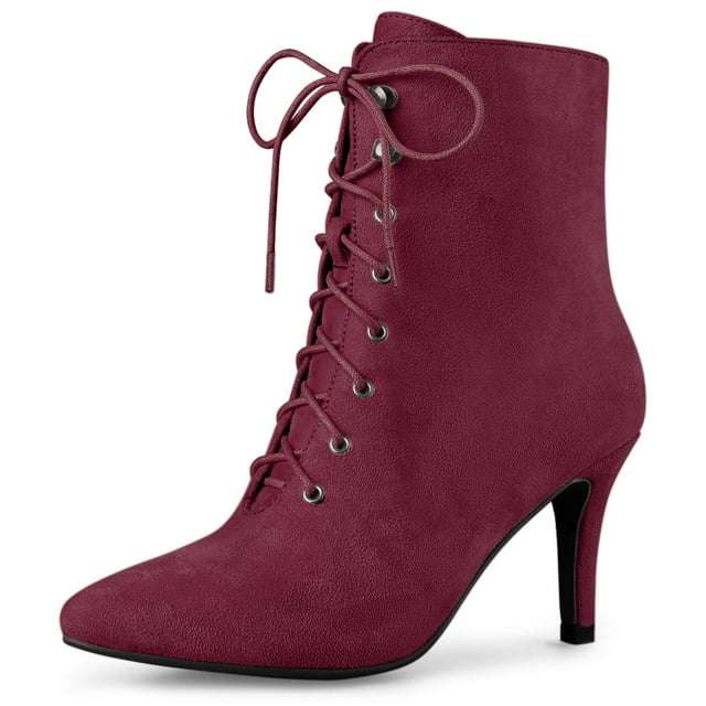 Unique Bargains Women's Pointed Toe Zip Lace Up Stiletto Heels Ankle Boots