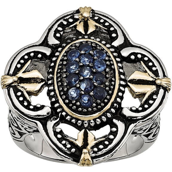 Stainless Steel Blue Glass with Yellow IP-Plated Accent Antiqued Ring