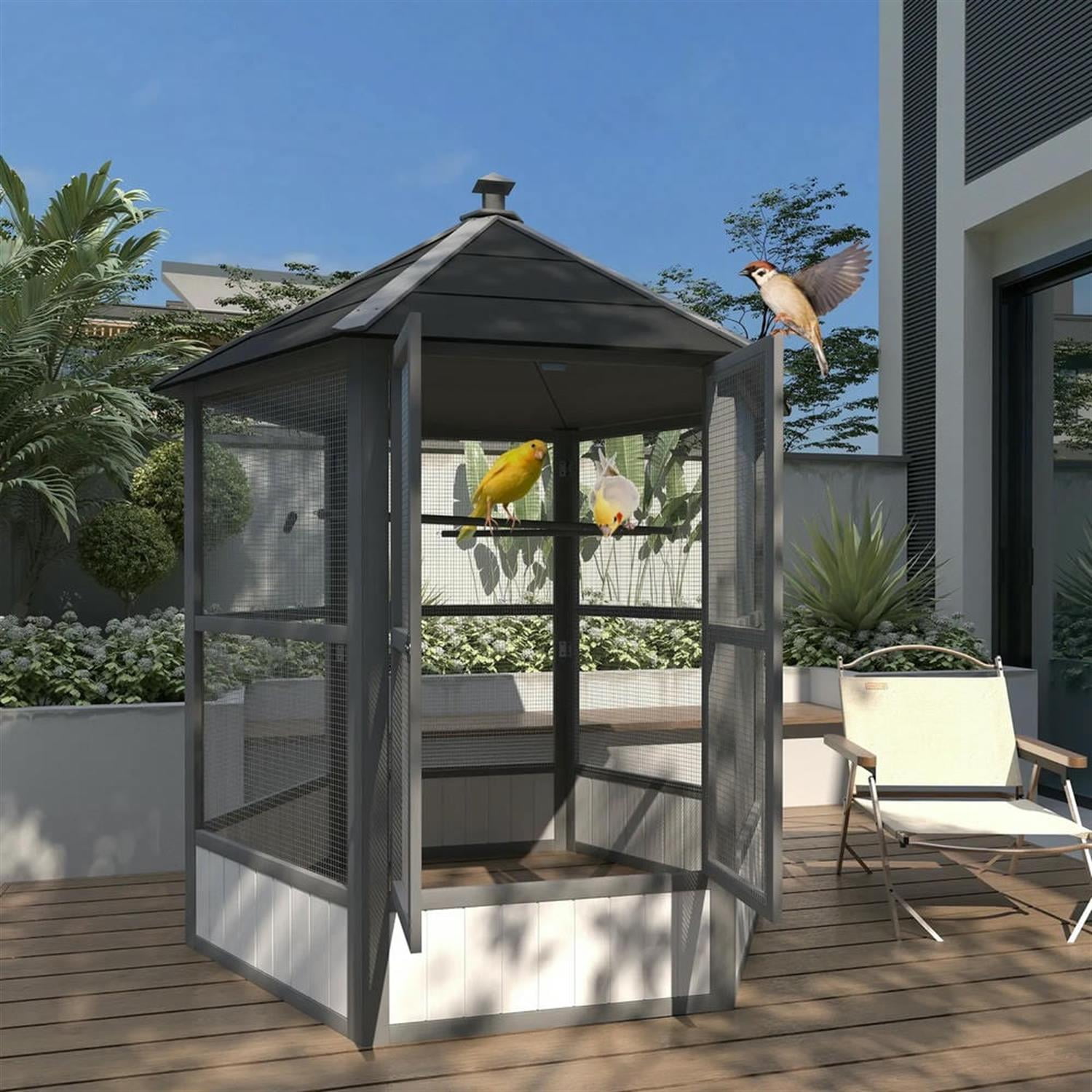 Demi Bonn 69" Height Wooden Outdoor Flight Bird Cage Aviary with Covered Roof for Parrots Conures Lovebird Cockatiel Parakeets, Gray