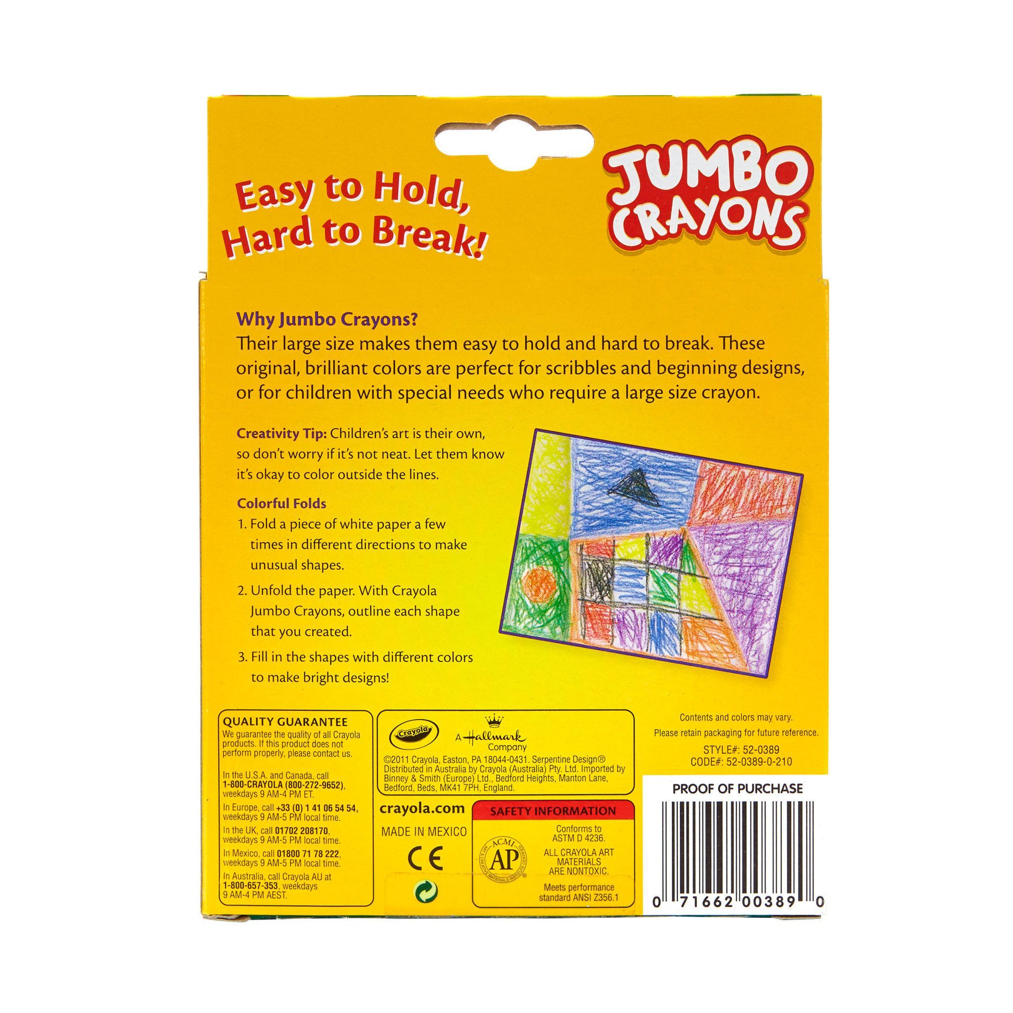 Crayones Crayola jumbo, tamaño grande, 0.56" x 5", 8 colores surtidos, 8 por caja 3