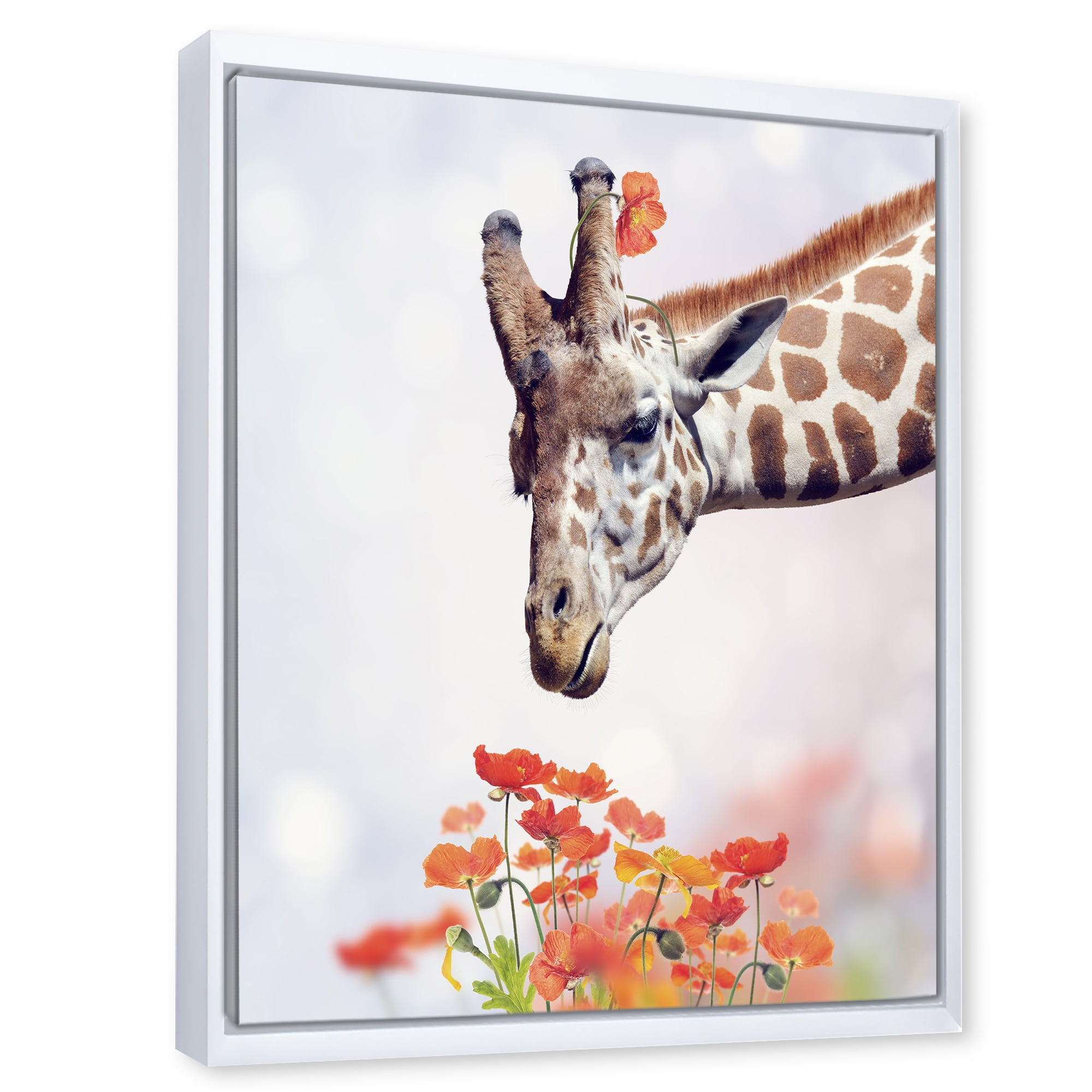 Designart 'Portrait of A Giraffe With Orange Flowers' Farmhouse Framed Canvas Wall Art Print