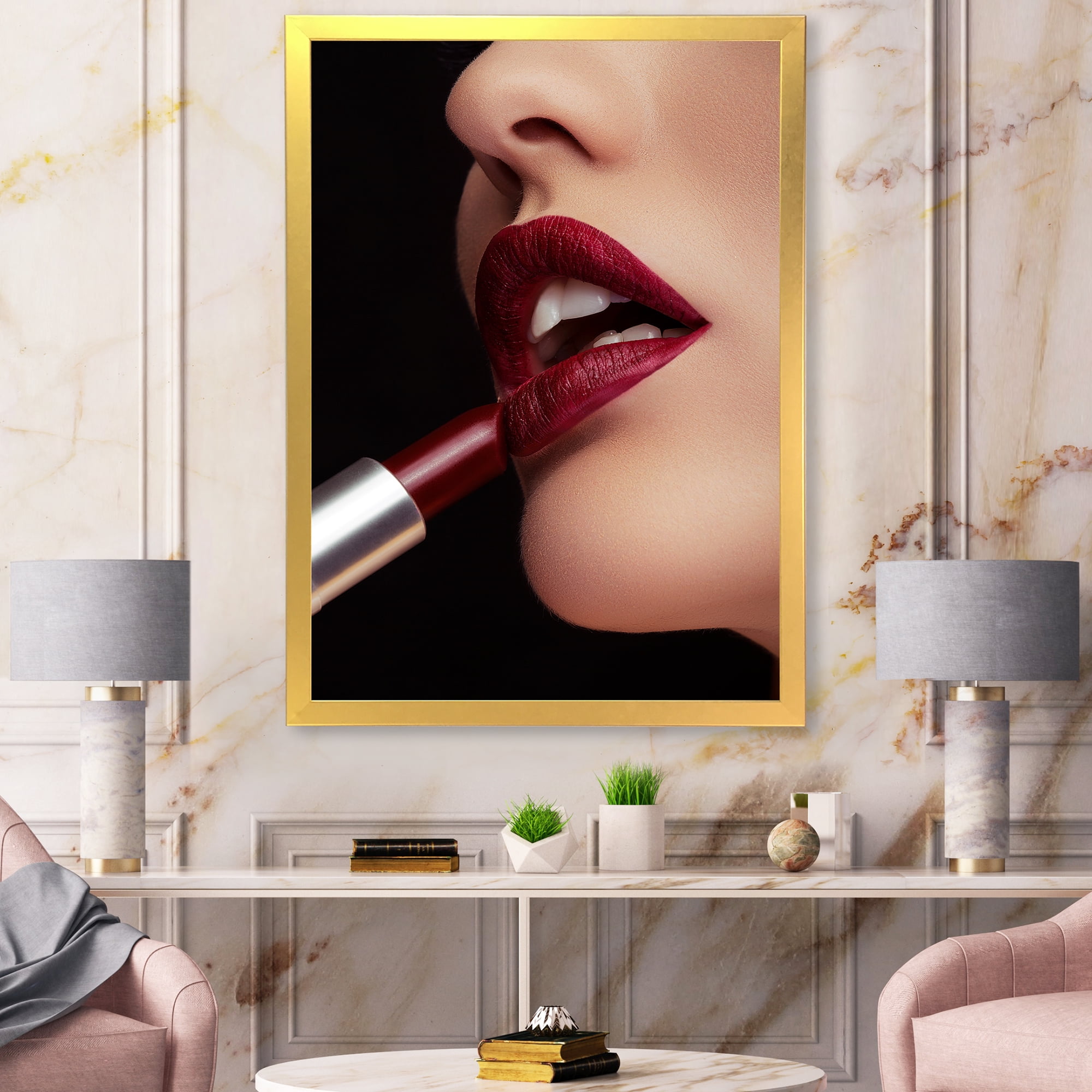 Designart 'Woman Applying Red Lipstick On Lips I' Modern Framed Art Print