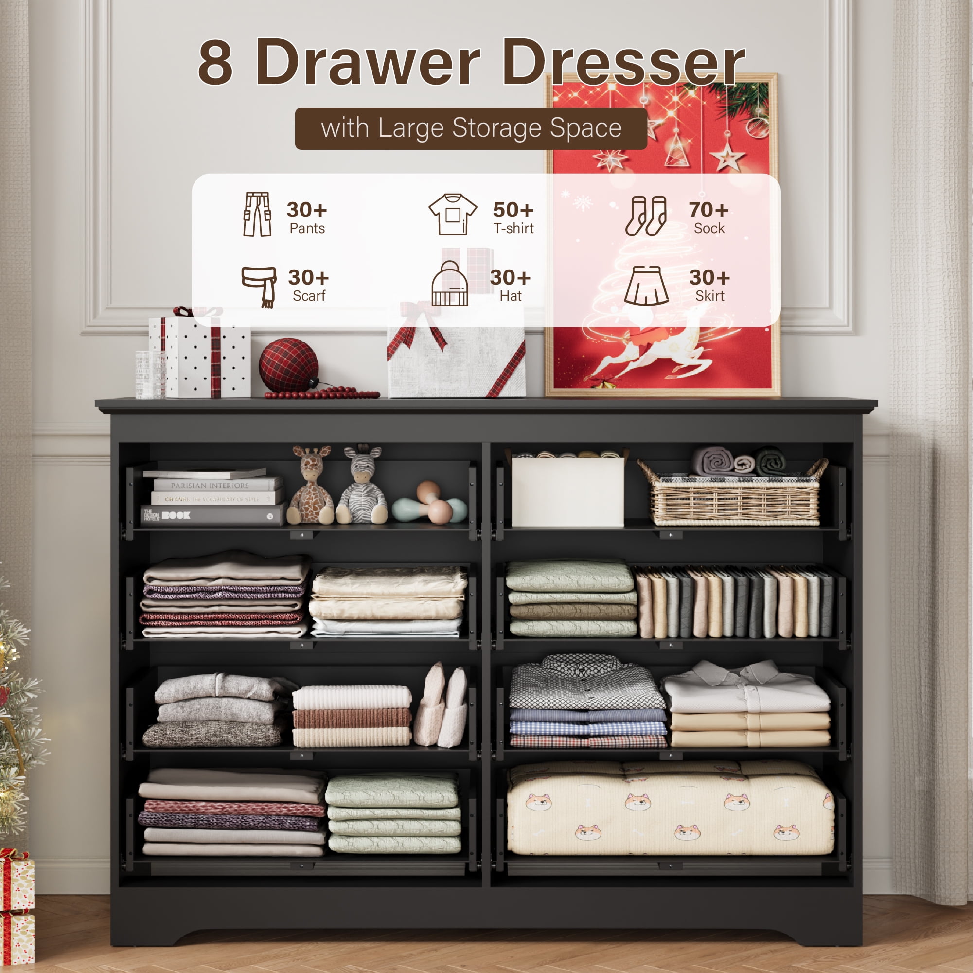 YouTrend 55.1" Wide Dresser for Bedroom, 8 Drawer Dresser with Large Drawers, Dresser for TVs Up to 65",Black