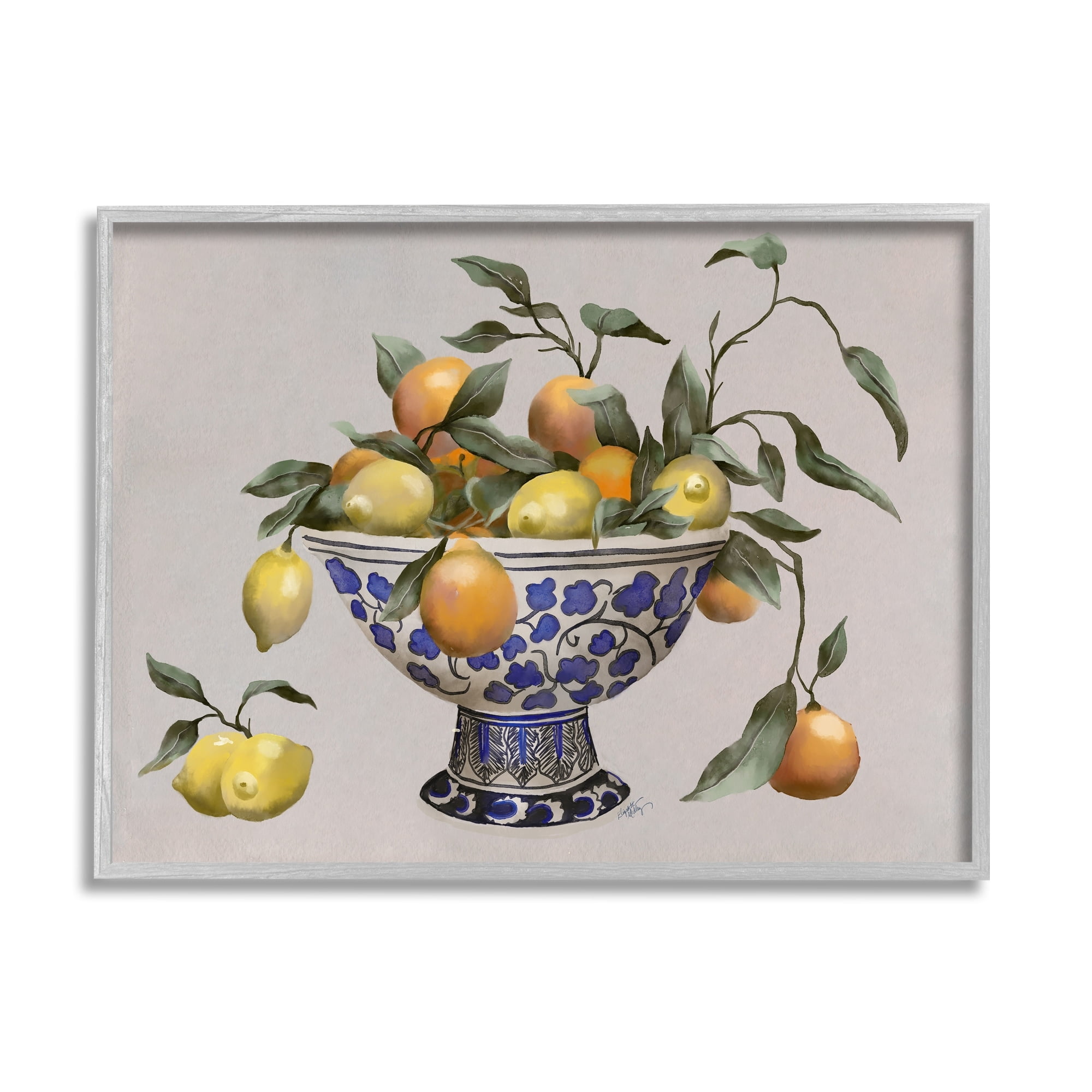 Stupell Industries Mixed Citrus Fruits Leaves Patterned Pottery Bowl Graphic Art Gray Framed Art Print Wall Art, Design by Elizabeth Medley