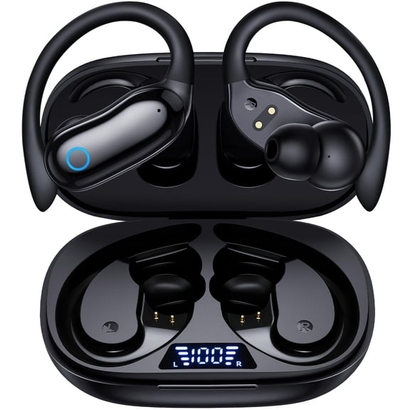 Active Noise Cancelling Ear Buds Wireless Earbuds 96hrs Playback Bluetooth Headphones Dual Battery Display Stereo Bass Earphones with Earhooks Microphone IPX7 Waterproof for Sports/Workout, Black