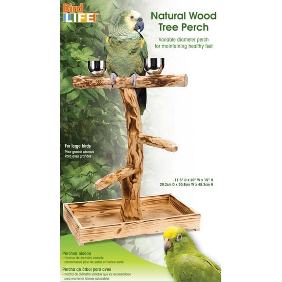 Natural Wood Tree Perch for Large Birds - Includes Food Bowls and Drop Tray