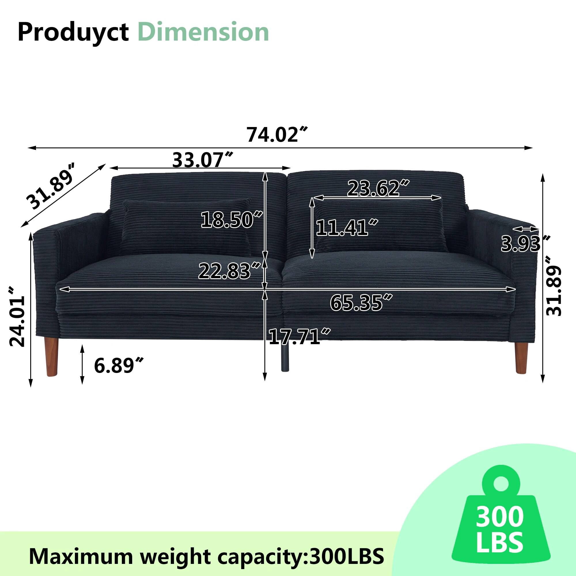 Comfy Futon Sofa Corduroy Loveseat Couch with Pillow Cushion, Modern Sleeper Sofa Couch with Solid Leg for Living Room,Bedroom, Black