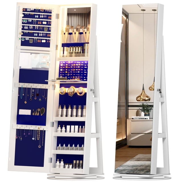 LVSOMT 360° Rotating LED Jewelry Armoire with Full Length Mirror, Jewelry Cabinet Large Standing Lockable Mirror Jewelry Organizer with Inner Makeup Mirror & Soft Velvet for Living Room Bedroom
