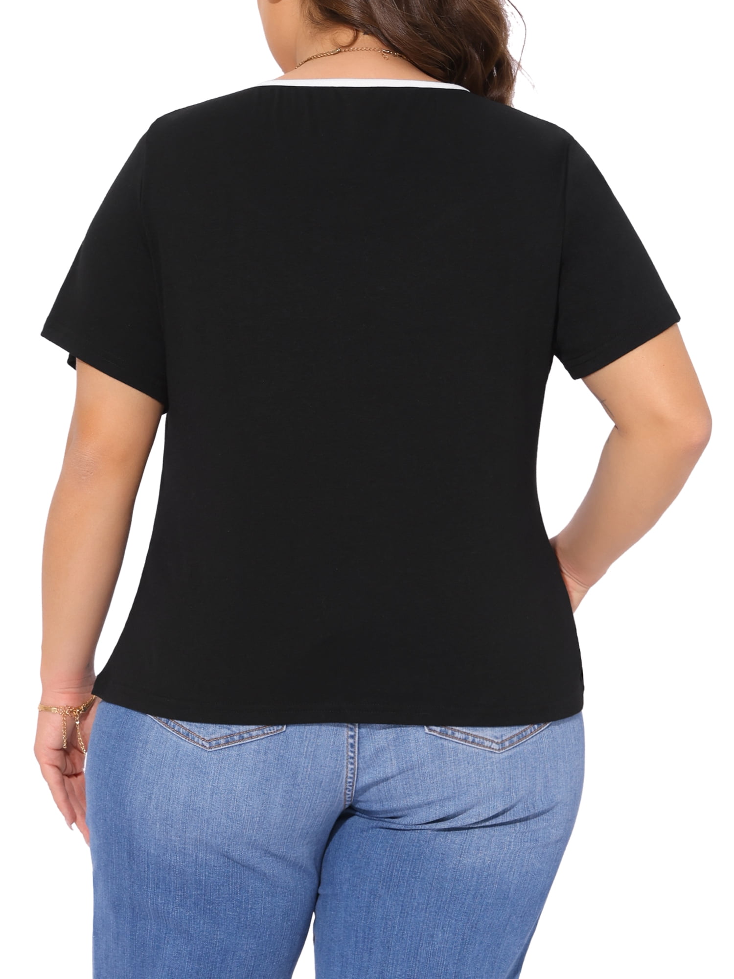 Women's Plus Blouse Sweetheart Neck Contrast Trim Tie Knot Short Sleeve Tee 2X Black