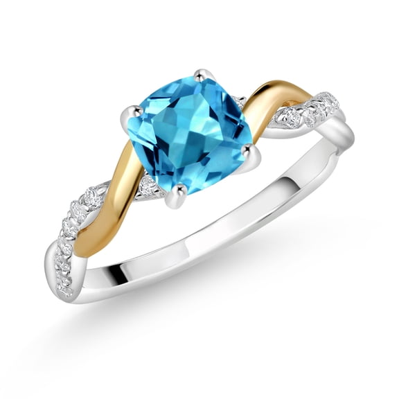 Gem Stone King 925 Silver and 10K Yellow Gold 2 Tone Cushion Swiss Blue Topaz and White Lab Grown Diamond Knot Women Engagement Ring 1.26 Cttw, Gemstone Birthstone
