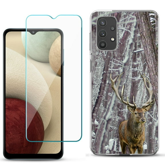 Slim-Fit TPU Phone Case compatible with Samsung Galaxy A32 5G, with Tempered Glass Screen Protector, by OneToughShield ® - Deer/Snow/Camo