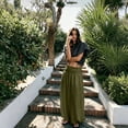 thumbnail image 5 of Women's Flowy Linen Palazzo Pants Shirred Sheer High Waisted Wide Leg Beach Trousers with Pockets Green M, 5 of 6