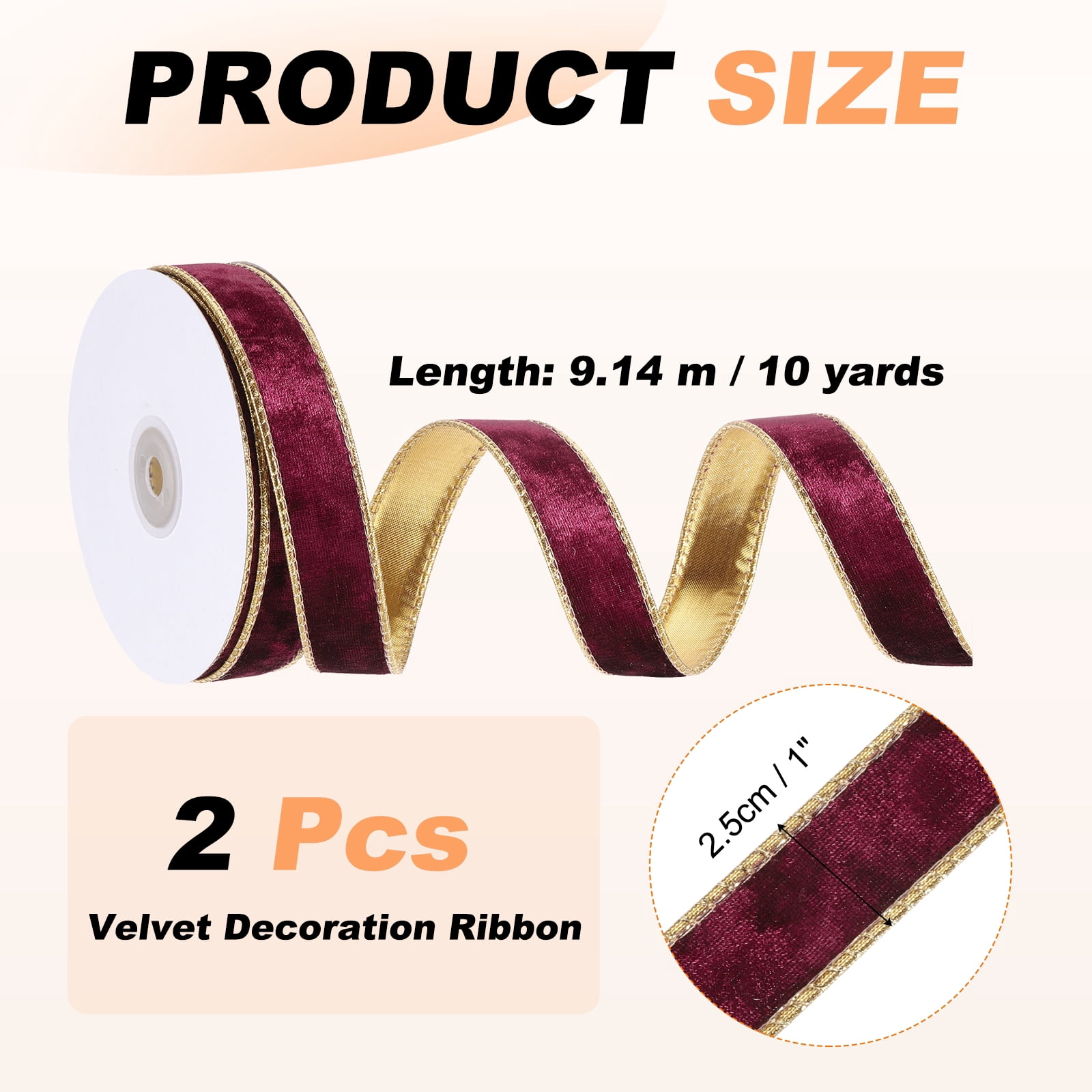 Uxcell Velvet Wired Ribbon, (1 Inch x 10 Yards, 2 Pcs)(Dark Red) Velvety Gold Crushed Ribbons Gift Wrapping Binding, Suit For- Crafts/Bow/Wreaths/Christmas Tree Decoration