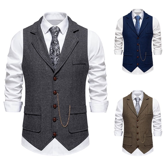 Xcmzpl Men's Herringbone Tweed Vest Lapel Collar Single Breasted Sleeveless Wedding Waistcoat S to XXL