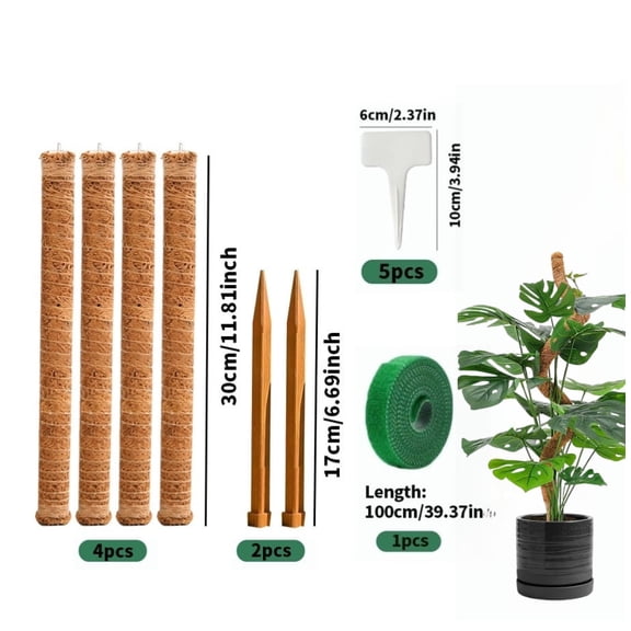 10-Pack bag with 1 Ties   5 Labels, 4-Pack 12-Inch Foldable Connectable Indoor Plant Support Stakes for Monstera, 48-Inch Tall Coco Coir Plant Poles - Ideal for Potted Plants, Pothos, Philodendron &