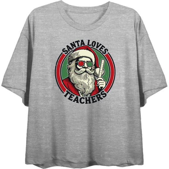 Santa Loves Teachers Women's Heather Gray Crew Neck Short Sleeve Crop Tee-Medium