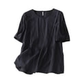thumbnail image 2 of ALLLIST Solid Spring Tops for Women 2024 Crew Neck Short Sleeve Black Pleated Cotton and Linen Blouses Casual Blouses for Women Dressy Casual, 2 of 7