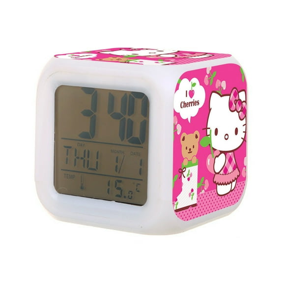Hello Kitty Digital Alarm Thermometer Night Glow Cube 7 Color Clock LED Changing LCD Display Suitable for Bedroom Children