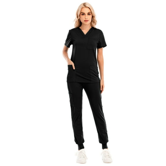 SHITINN Scrub Sets for Woman Nursing Working Uniform Black Scrub Tops Cozy Fit Nursing Top Pants Set