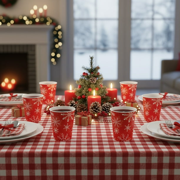 Vasos de papel desechables (25 unidades) | Diseño festivo de copos de nieve rojos | Vasos irrompibles y duraderos para bebidas frías y calientes | Vajilla navideña para eventos y reuniones