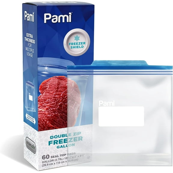 PAMI Food Storage Bag with Slider Zipper, 60 count Expandable Bottom Leakproof Plastic Gallon Ziploc Bags