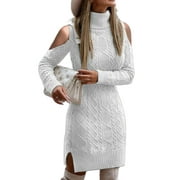 Dellytop Women Cold Shoulder Knitted Turtleneck Knee-Length Sweater Dress