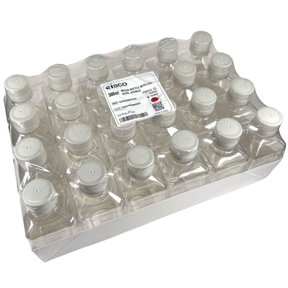 Eisco - Pack of 24, 500mL Sterile PETG Media Bottles with HDPE Caps, Square, Leak-Proof, Tamper-Evident, Non-Pyrogenic, Gamma Sterilized, Ideal for Lab Reagents, Buffers & Biopharmaceutical Use