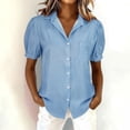 thumbnail image 2 of Shirts for Women Short Sleeve Denim Shirt for Women Casual Washed Distressed Puff Sleeve Button Up Shirts Jean Blouse Business Work Tops XL, 2 of 4