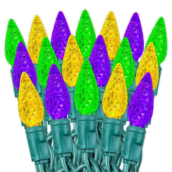 Novelty Lights Yellow/Purple/Green C6 LED Mardi Gras String Lights 70 Strawberry Bulbs (Green Wire, 24 Feet)
