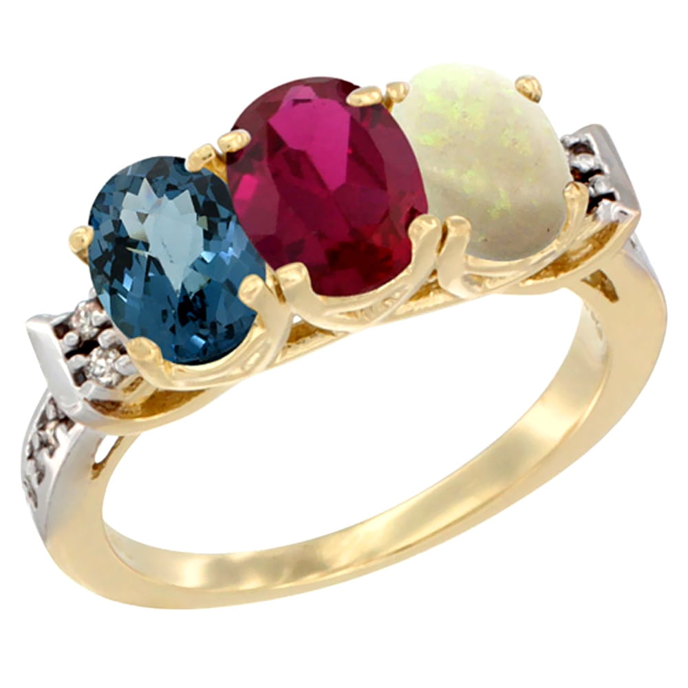 10K Yellow Gold Natural London Blue Topaz, Enhanced Ruby & Natural Opal Ring 3-Stone Oval 7x5 mm Diamond Accent, sizes 5... by WorldJewels
